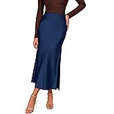 Plilima Women's Satin High Waisted Maxi Skirt Elegant Work Straight Skirts Side Split Elastic Waistband