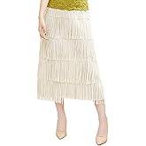 NJNJGO Women's Fringe Trim High Waist Skirts, Sexy A-Line Elegant Fringe Long Maxi Skirt