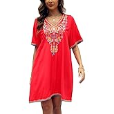 AK Caftan Boho Embroidered Dress for Women V-Neck Short Sleeve Mexican Floral Beach Cover Ups Midi Dress