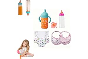 7 Pcs Baby Doll Accessories Set, Doll Pretend Play Feeding Toys, Include Disappearing Milk and Juice Bottles,Pacifier,Bibs,Di
