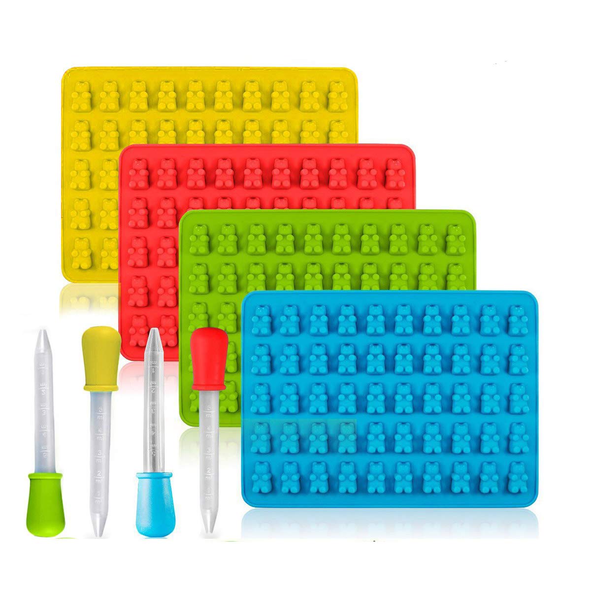 4 Pack Gummy Bear Candy Silicone Moulds & Ice Cube Trays, Gumdrop Jelly Mould with 4 x Pipettes, 50-Cavity Silicone Candy Moulds with 4 Droppers for Chocolate Molds, Jelly, Gumdrop Soap Molds