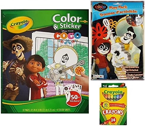 Disney COCO Activity Gift Set Bundle of 3 Items: Color and Sticker 32 Page Kit, Play Pack with Mini Coloring Book and Stickers - and Pack of Crayons
