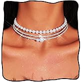 JEAIRTS Layered Pearl Rhinestone Choker Necklace Silver Wedding Prom Crystal Jewelry for Women