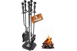 AMAGABELI Garden & Home 5 Pcs Fireplace Tools Set 31 Inch Indoor Black Handle Wrought Iron Large Fire Tool Accessories Set Holder Outdoor Fireset Modern Fire Pit Stand with Poker Brush Shovel Tong