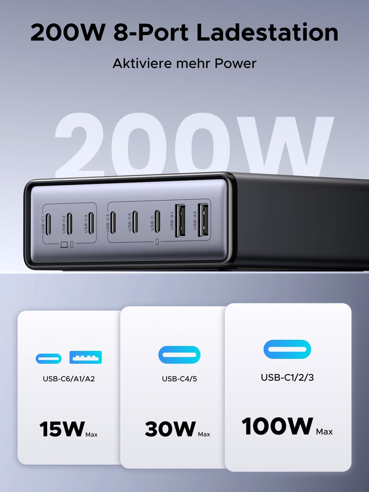 UGREEN USB C Ladegerät 200W GaN Netzteil 8-Port Desktop Ladestation PD Charger 100W Schnellladegerät mehrfach unterstützt PPS kompatibel mit MacBook Pro/Air, iPhone Serien, Galaxy Serien usw. 2