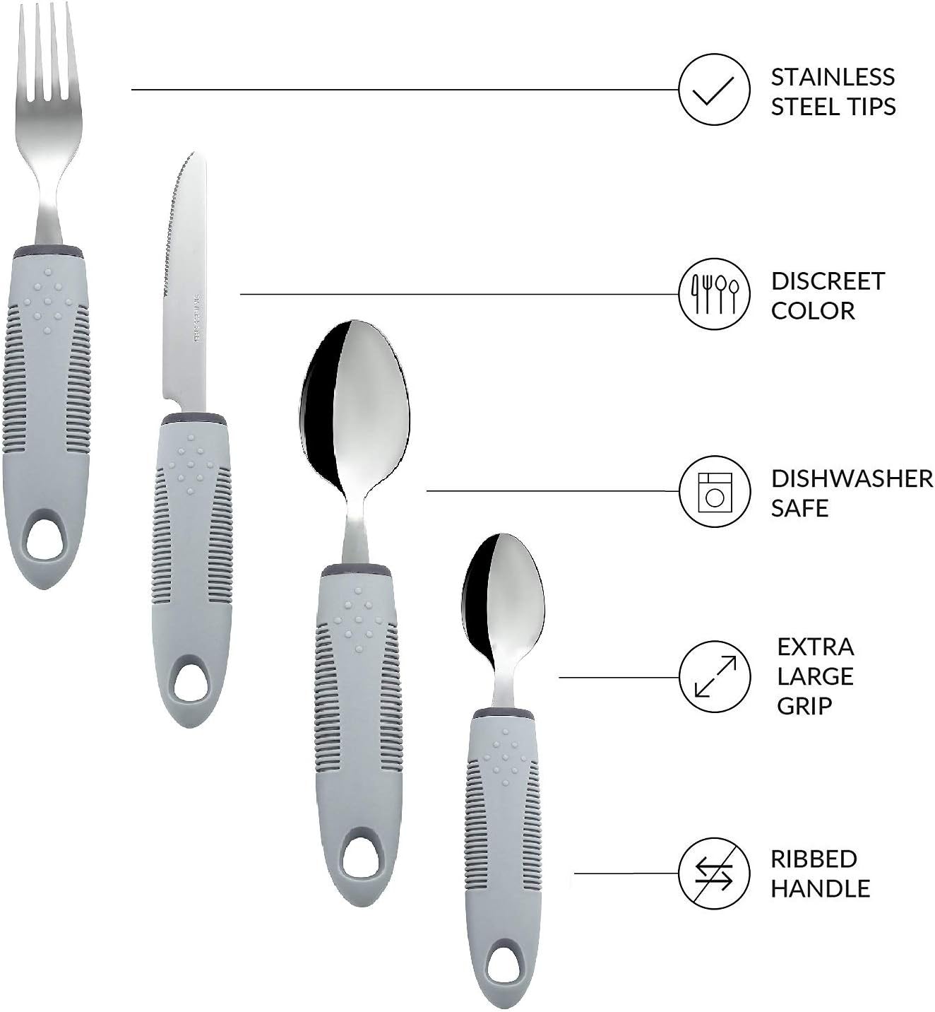 Homvare Adaptive Utensils (4-Piece Kitchen Set) Wide, Non-Weighted, Non-Slip Handles for Hand Tremors, Arthritis, Parkinson’s or Elderly Use - Stainless Steel Knife, Fork, Spoons: Home & Kitchen