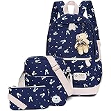 FANCI 3Pcs Bunny Prints Canvas Elementary School Rucksack Backpack Set for Girls Women Casual Daypack
