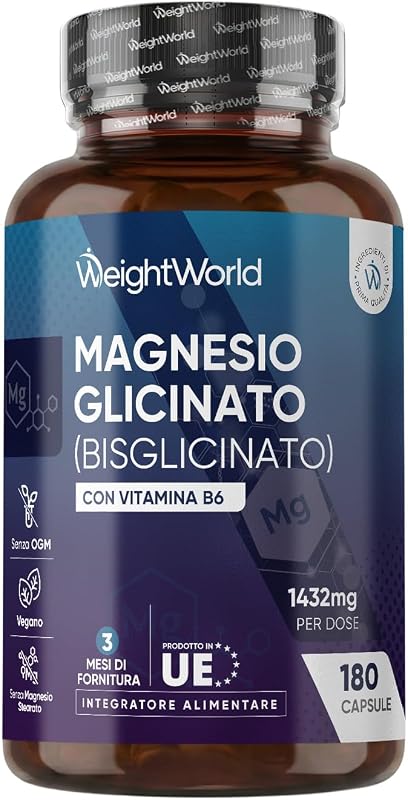 Magnesio Bisglicinato 1432mg per Dose con Vitamina B6, 180 Capsule, 3 Mesi