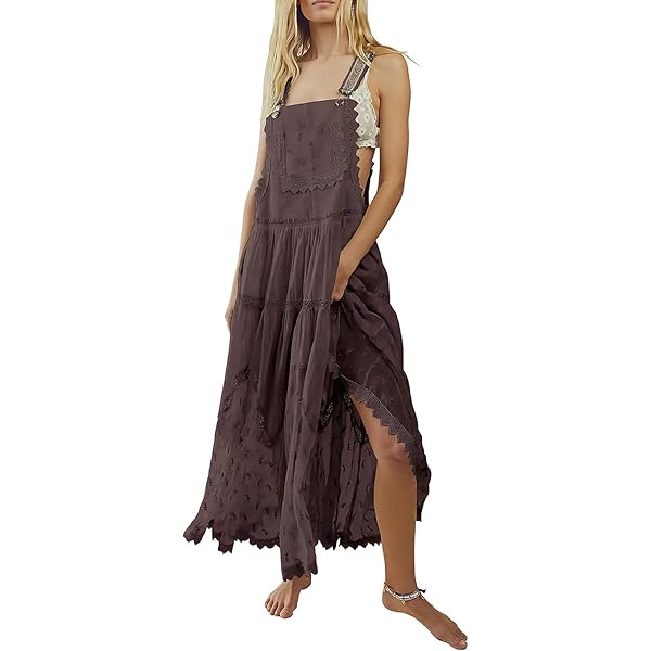 Women's Casual Lace Embroidered Maxi Dress Adjustable Strap Pleated Tiered  Swing Long Dress with Pockets (X-Small,Apricot) at Amazon Women's Clothing  store