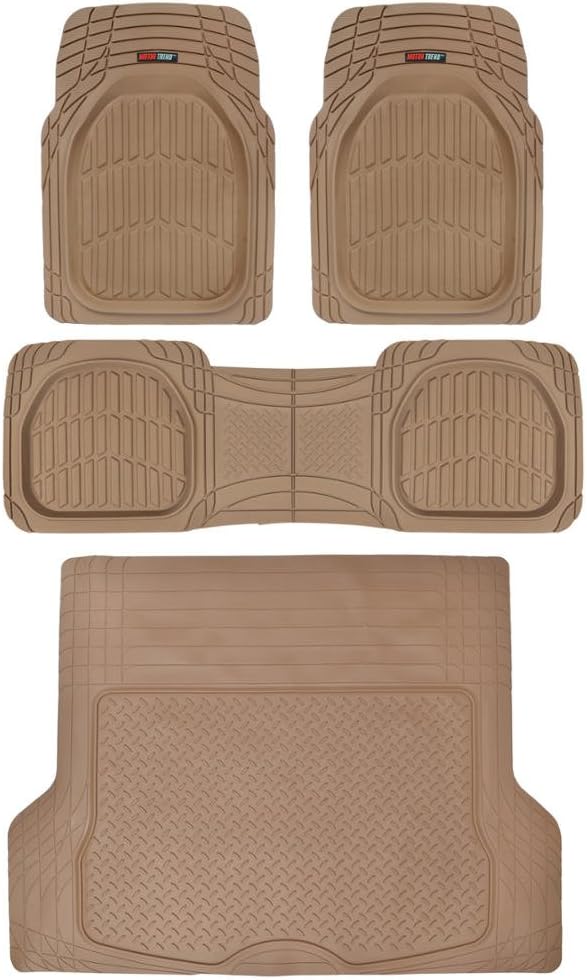 4pc Beige Car Floor Mats Set Rubber Tortoise Liners w/Large Cargo Trunk Liner for Auto SUV Trucks
