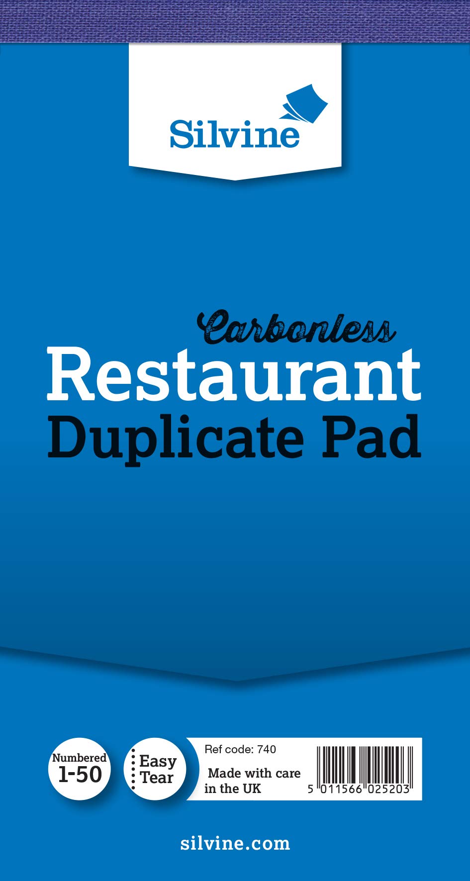 Silvine Carbonless Duplicate Restaurant Pad - Numbered 1-50 with index sheet (150 x 80mm) [Pack of 10] — image 1