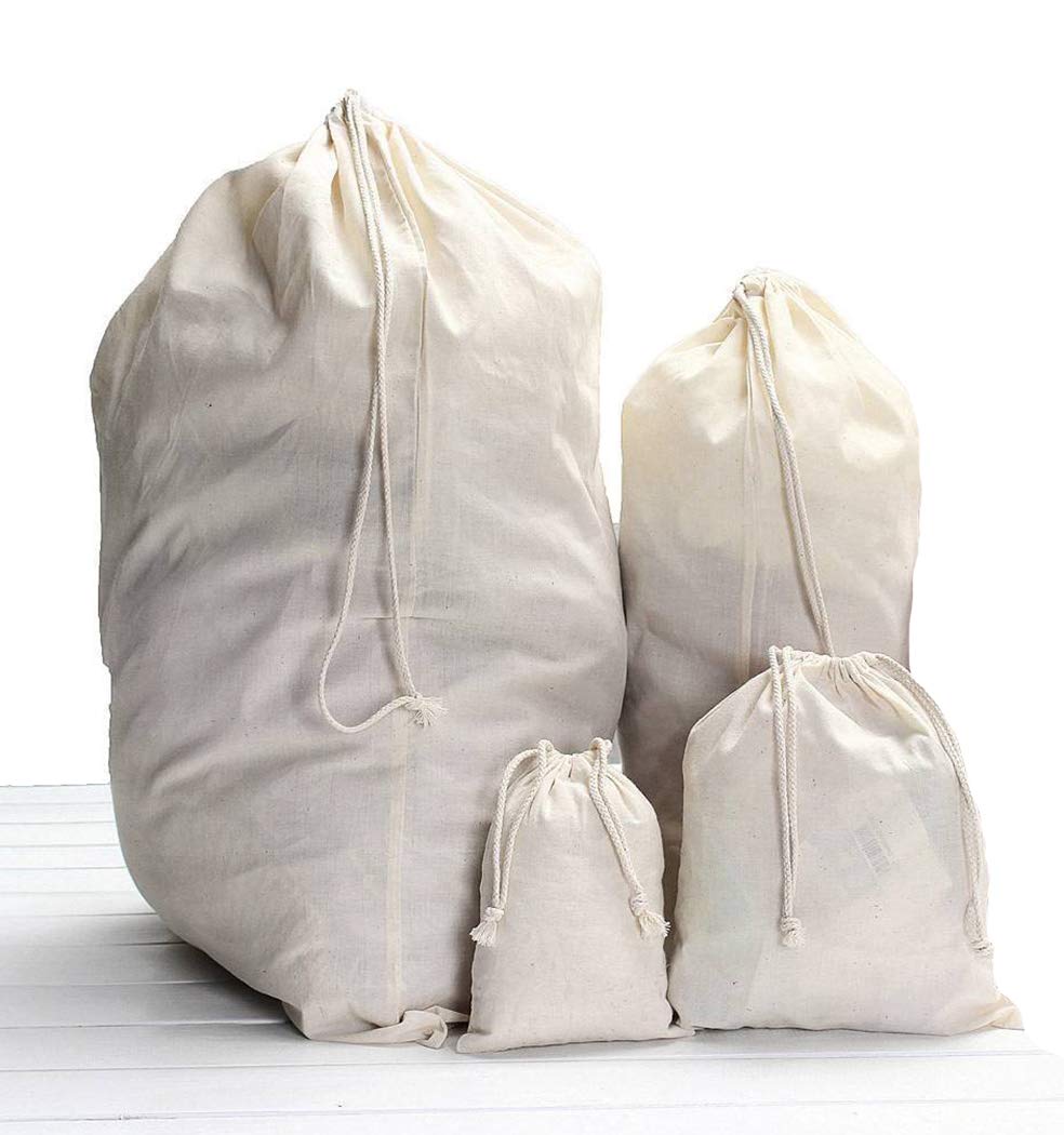 Amoyie 4 pcs Drawstring Storage Bag Set for Baby Stuff, Travel Home Accessories - Beige Solid