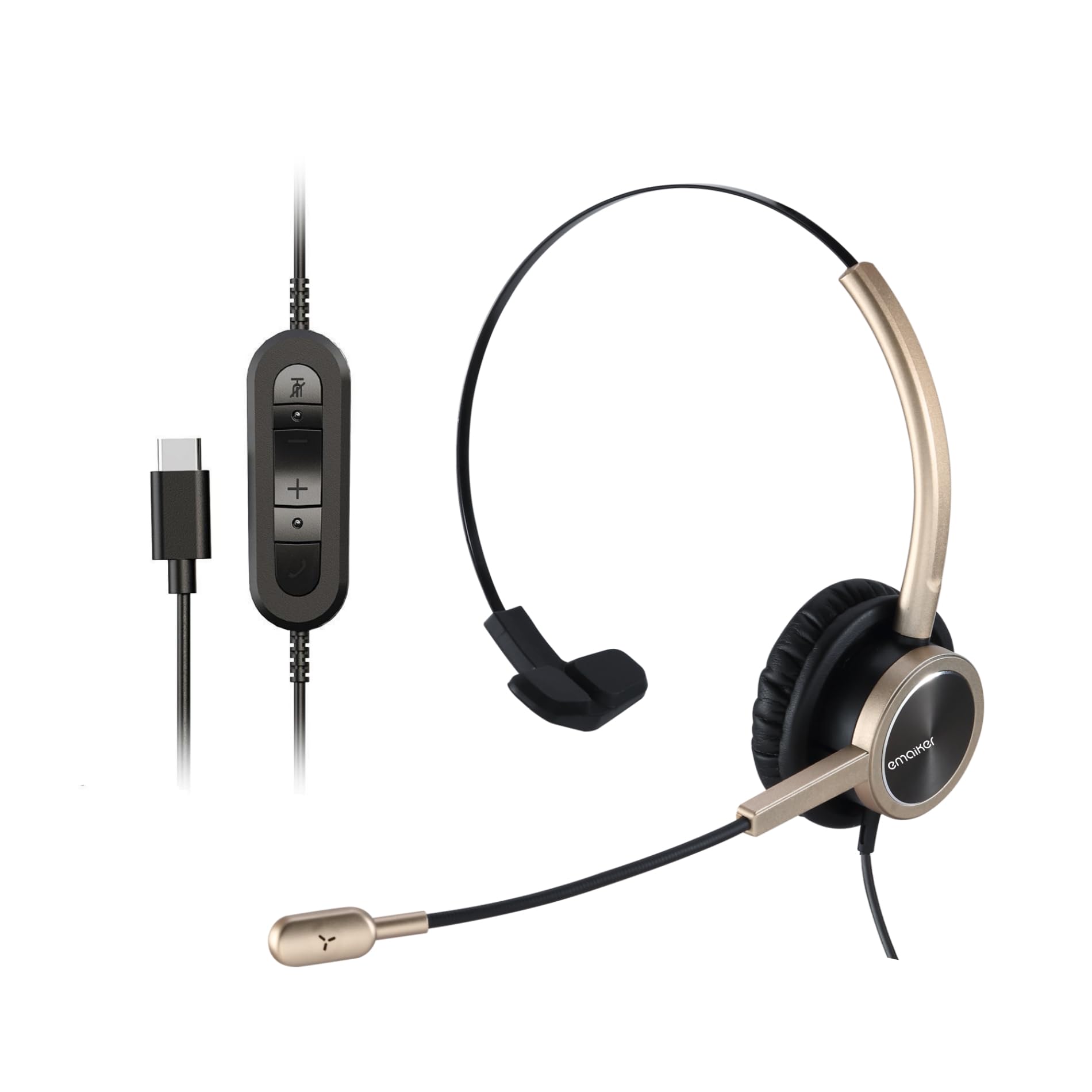 EMAIKER One Ear USB-C Gold Headset for Office Telework Work from Home, Wired USB Type C Headphone for Computer, Laptop, Optimized for Dictation,Teams, Zoom,Webex,Ringcentral Meeting Remote Work