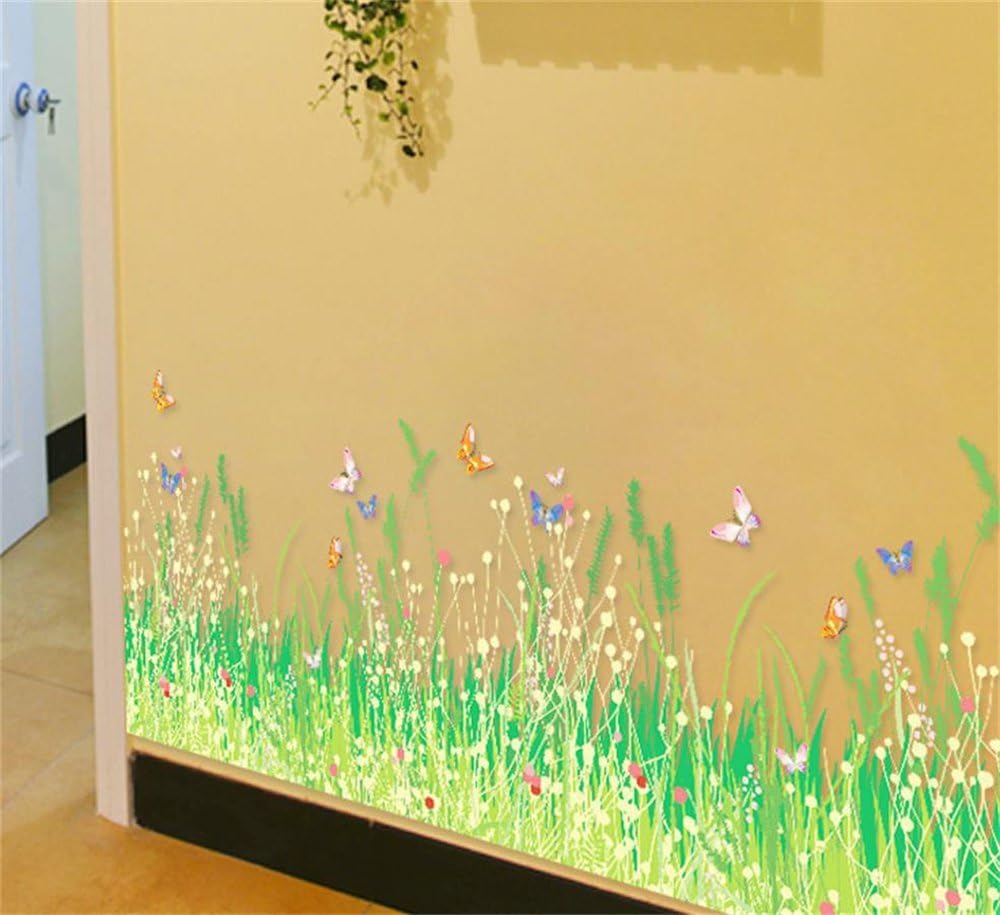 Green Grass Meadow Wall Art Stickers with Red Flowers and Butterflies Colourful Removable DIY Vinyl Wall Decals Multicoloured Decorative Mural for Living Room Bedroom - Image 5