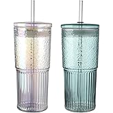 Glass Cups with Straws and Lids 2Pcs, 20oz Drinking Jar Glass Tumblers Iced Coffee Cups, Vintage Ripple Glassware Smoothie Cups for Water Coffee Tea Milk Cold or Hot Drinks (Green & Iridescent)