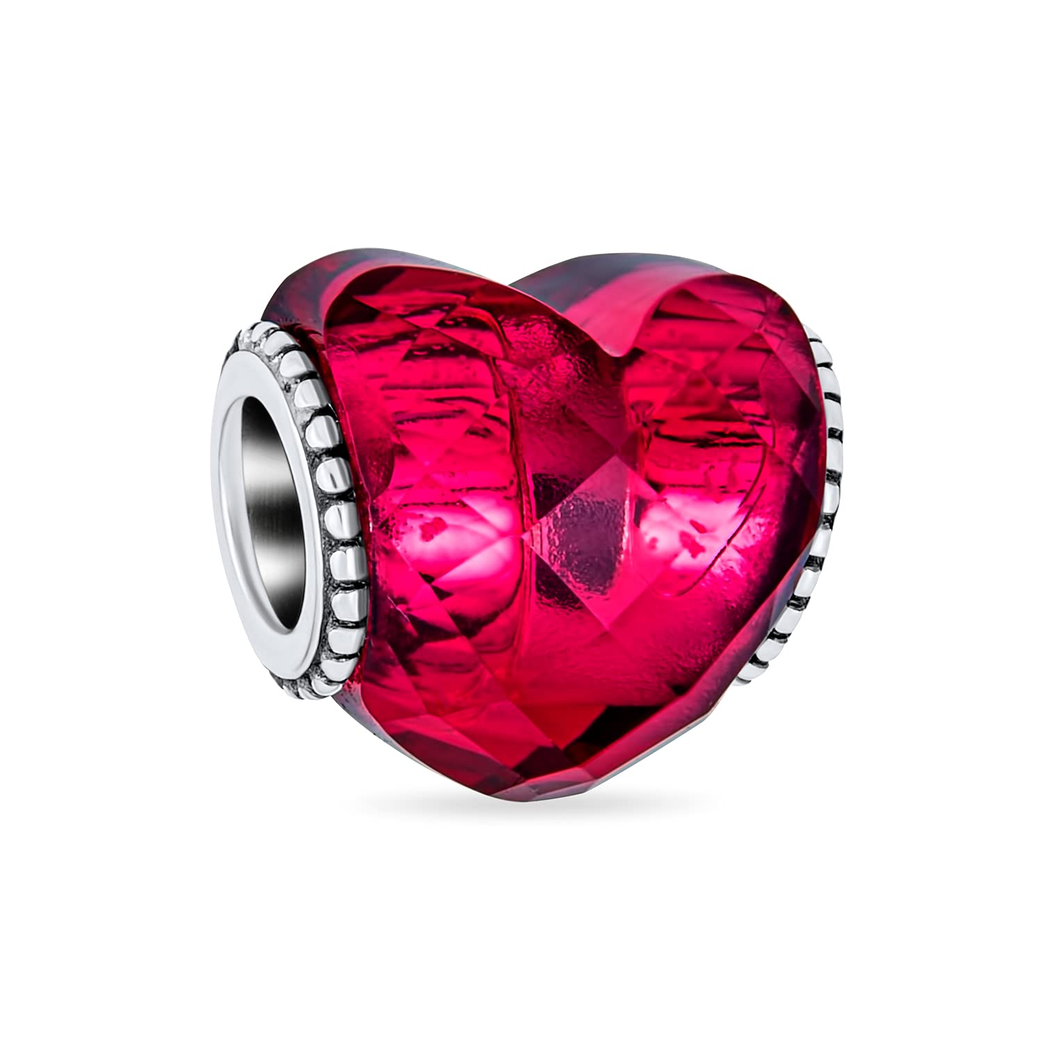 Bling Jewelry Valentine Love Rose Pink Heart Shape Faceted Murano Glass Spacer Charm Bead For Women Teen .925 Sterling Silver Core Fits European Bracelet