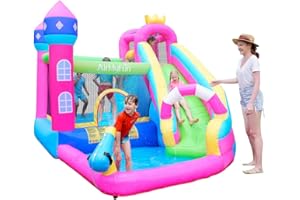 AirMyFun Inflatable Water Slide Pink Princess Bounce House for Big Kids 8-12 with Long Slide and Spray Water Gun for Kids Backyard Inflatable Bouncy Castle
