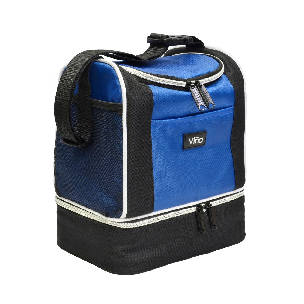 Vina Insulated Lunch Bag, Dual Compartment Reusable Bento Lunch Box Cooler Tote with Shoulder Strap for Adult and Kids, Blue