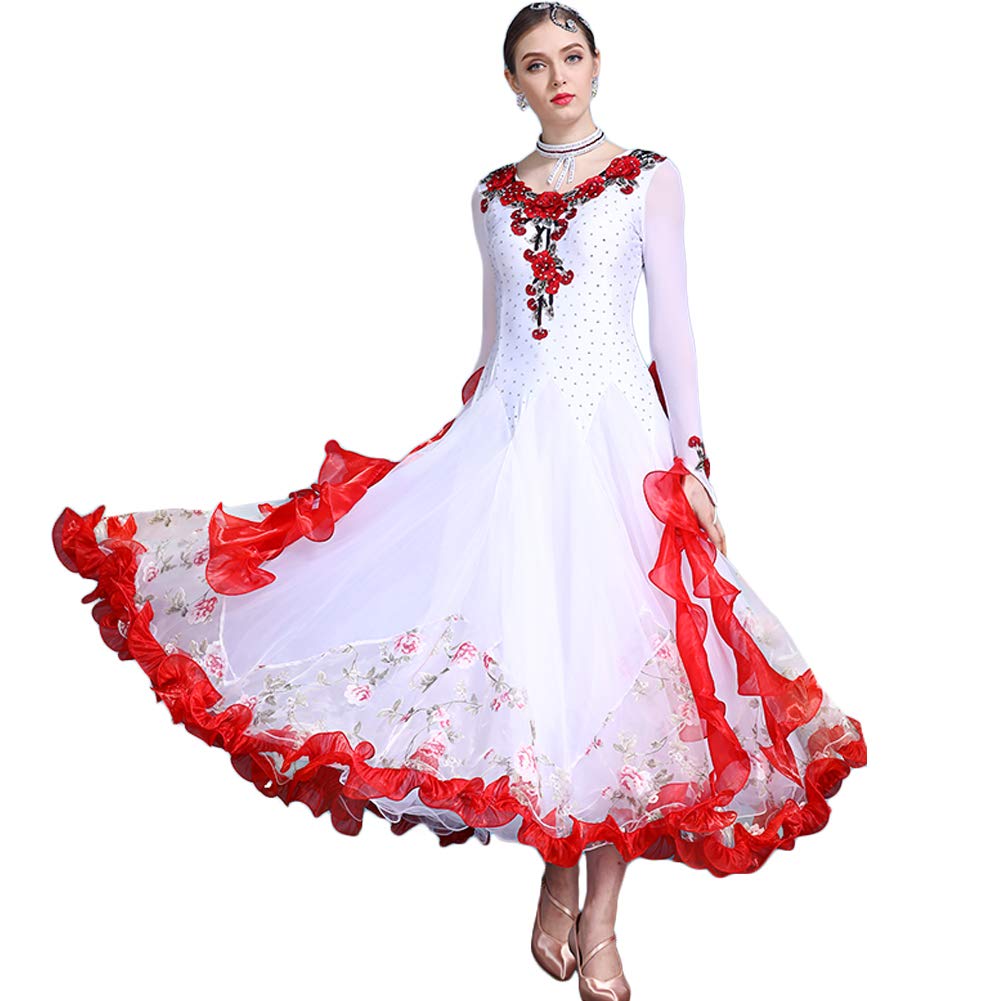ダンスウェア 演出用 B07k1ykjrj 衣装 大きい裾 ダンス衣装 競技着 ダンス 衣装 ワンピース ワルツ ダンス衣装 レッド Dance Xxxl レッド Xxxl フォーマル Aライン 練習服 社交ダンス衣装 モダン衣装 フラメンコ 社交ダンス スタンダードドレス 大人用 長袖 ステージ 衣装