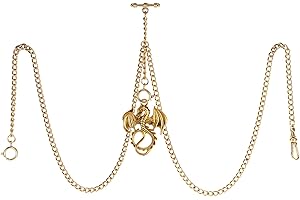 TREEWETO Men's Double Albert Chain Pocket Watch Curb Link Key Chain 3 Hooks with Antique Dragon Pendant Design Charm Fob T Bar