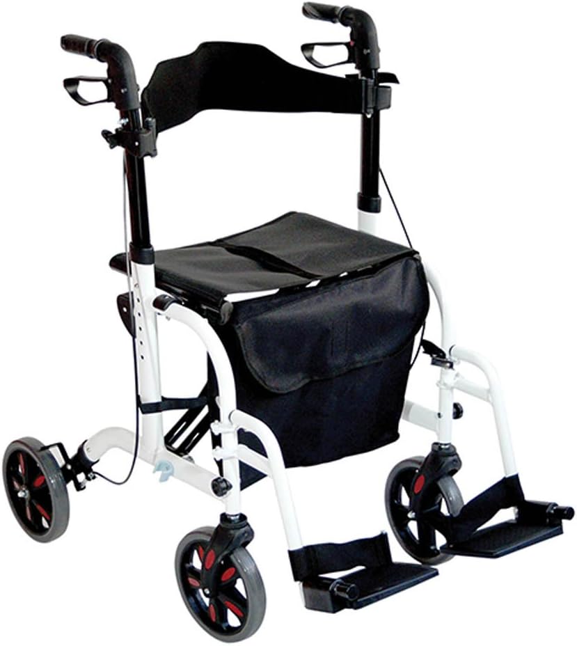 Aidapt Duo Deluxe White Folding Light Weight 4 Wheeled Rollator Transit Chair Mobility Aid with Seat, Foot Plates, Carry Bag