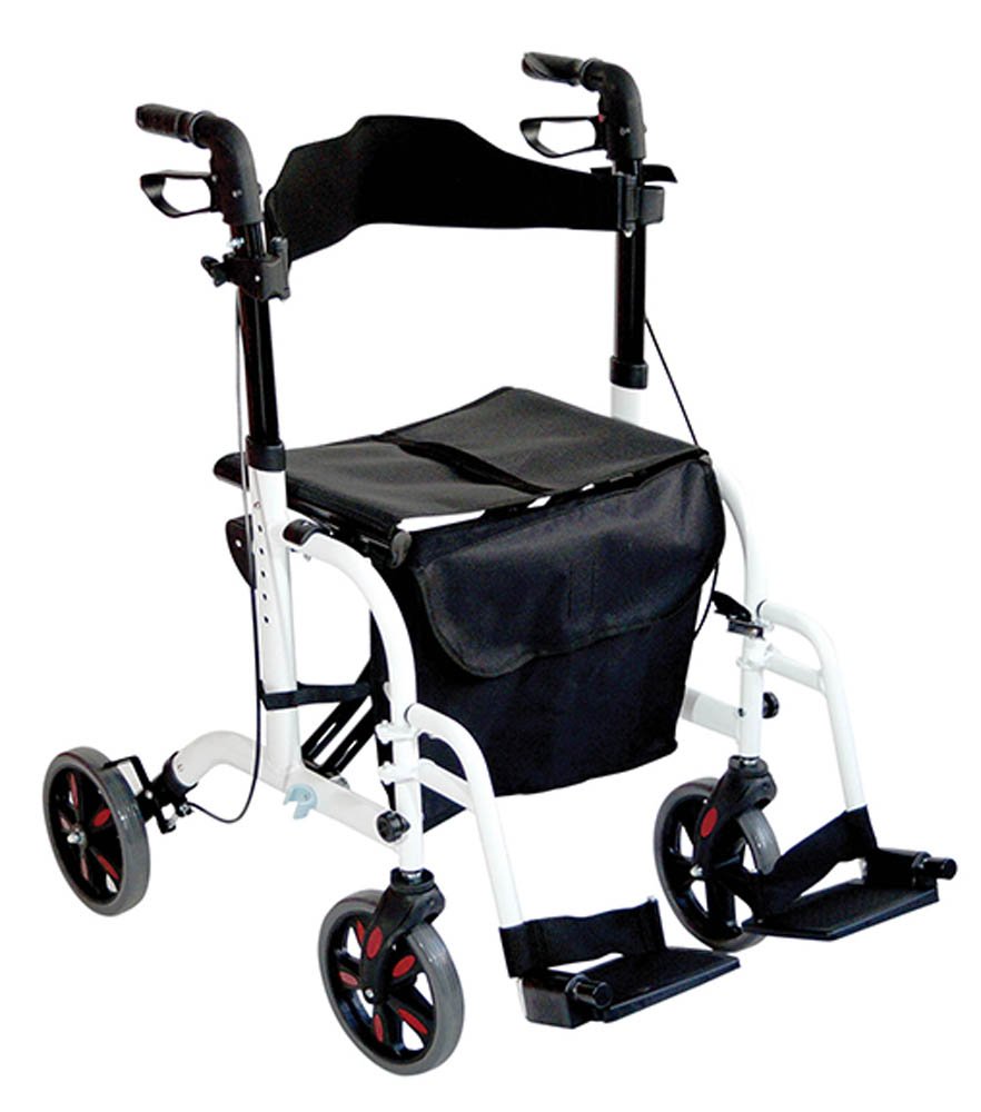 Aidapt Duo Deluxe White Folding Light Weight 4 Wheeled Rollator Transit Chair Mobility Aid with Seat, Foot Plates, Carry Bag, Lockable Brakes and Puncture Proof Tyres for Indoor and Outdoor use.