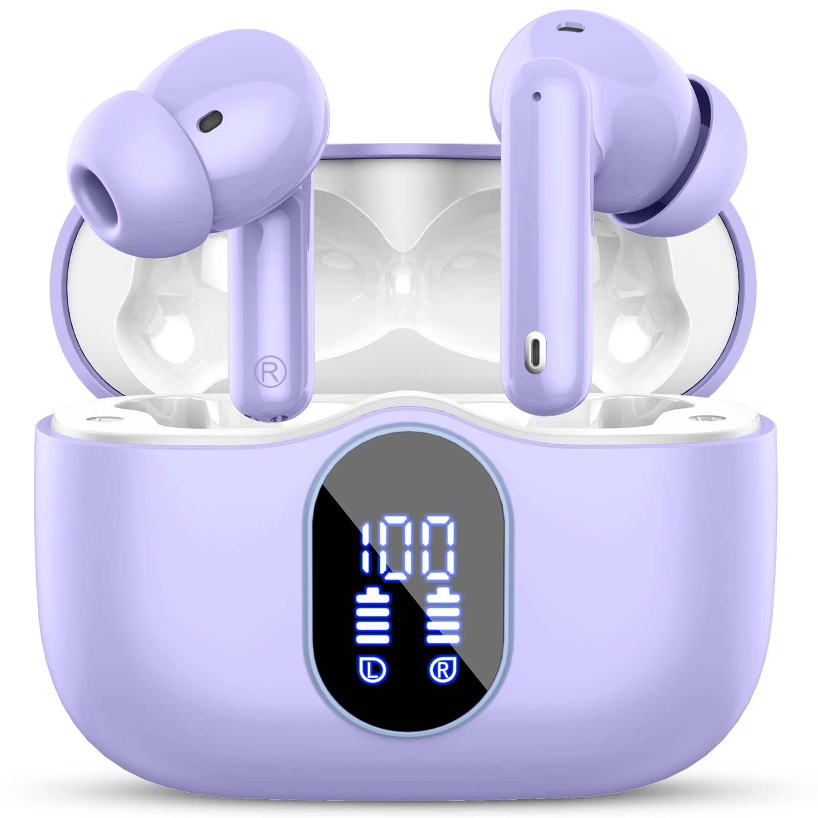 Wireless Earbuds, Bluetooth 5.4 Headphones In Ear with 4 ENC Noise Cancelling Mic, Bluetooth Earbuds Mini Deep Bass Stereo Sound, 36H Playtime LED Display Wireless Earphones IP7 Waterproof Deep Purple