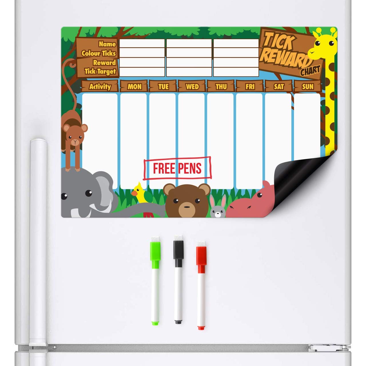 CKB LTD® Magnetic REWARD CHART Jungle Animals FRIDGE BOARD 7 Day Colourful Tick List For Refrigerators With 3 Markers Pens Activity Chore A3 Behaviour Charts Teaching Children Good Practices
