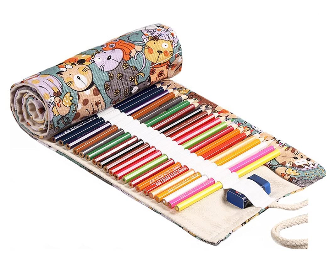 Amoyie Roll Up Pencil Case for 48 Coloured Pencils, Foldable Colouring Pens Organiser Bag, Artist Wrap, Canvas Holder, Green Cat