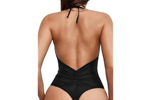 Sexybody Women' s One Piece Sexy Swimsuits Halter Tie Back V Neck Low Back Bathing Suit Ruched Butt High Cut Swimsuit Thong