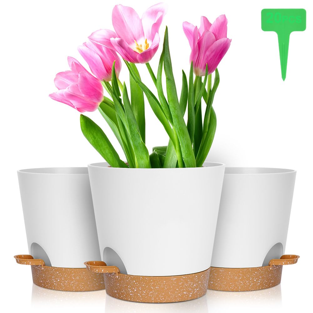 OFFCUP Plant Pots, 3pcs Plastic Plant Pots, 20cm Self Watering Plant Pots with Drainage Holes, Saucers and Reservoir, Suitable for Plants Indoor Modern Fashion Decorative Plastic Plant Pots (White)