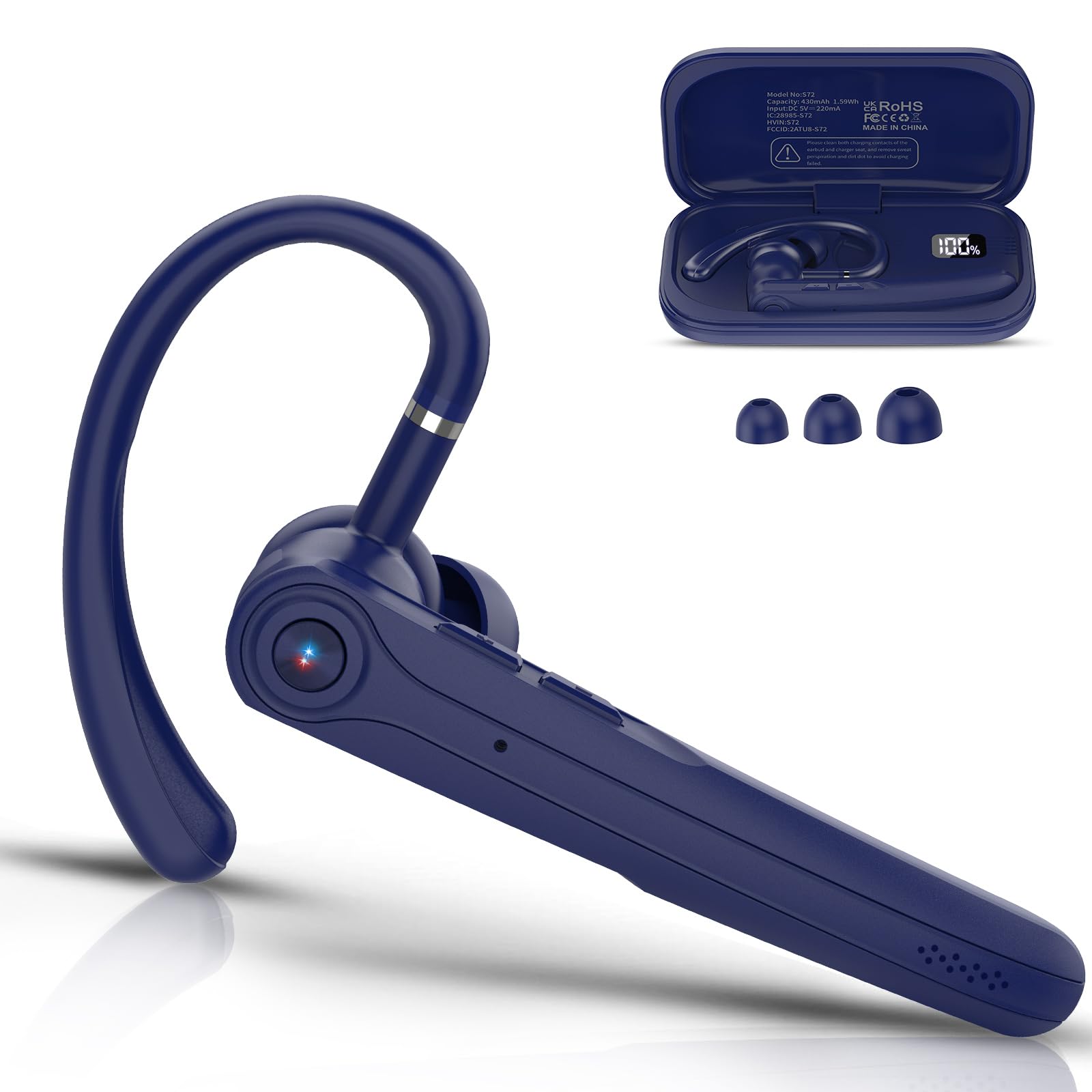 Atheewon Bluetooth Headset, Wireless Bluetooth Earpiece with ENC Noise Canceling Mic, 120Hrs Talk Single-Ear Headphones, LED Display, IPX7, V5.4 Hand-Free Earphone for Business/Trucker/Driver (Blue)