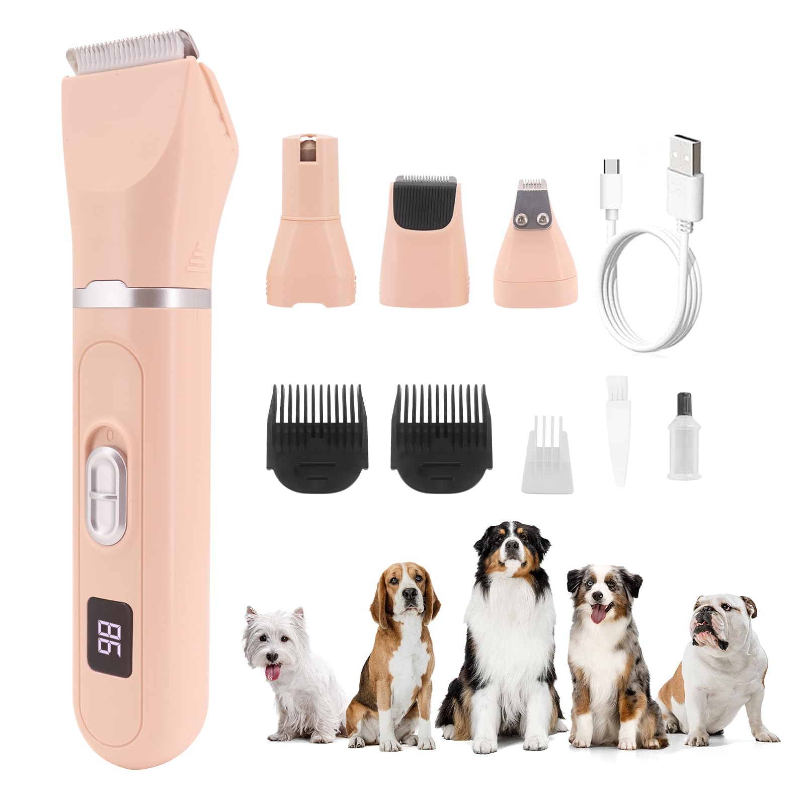 Beowanzk Dog Clippers, 4-in-1 Dog Grooming Kit, Paw Trimmer, Cat Clippers, Led Display and Rechargeability Pink