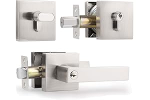 JYXINDZKJ Entry Door Handle Set with Single Cylinder Deadbolts, Satin Nickel Finish Door Levers with Lock&Keys, Contemporary Modern Style Door Handleset Combo Pack, Keyed Alike per Set