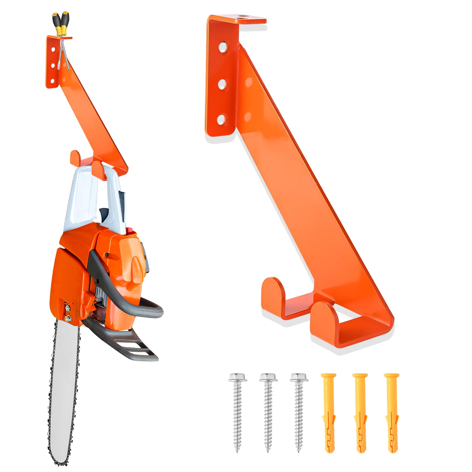 Photo 1 of 3 in 1 Chainsaw Holder 10" - Heavy Duty Chainsaw Wall Mount, 10 Gauge Steel Chain Saw Hanger for Garage Organization, Hefty Rack Storage Organizer for Chainsaw Accessories and Tools, 180 Lbs Capacity