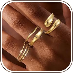 Apsvo Gold Rings for Women Non Tarnish, 6Pcs 14K Gold Plated Stackable Chunky Rings Set Trendy Statement Wedding Bands Pinky