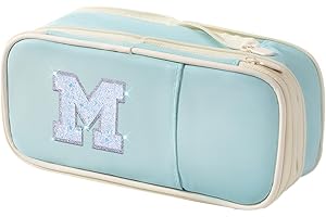 Janhavi Preppy Pencil Case for School Supplies, Initial Large Pink Penicl Case for Nursing Bag, Cute Pencil Pouch Bag for Office,Birthday Gifts for 6 7 8 9 10 11 12 13 Year Old Girls-Blue M