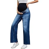 Ecavus Women's Maternity Jeans Over Belly Wide Leg Comfy Stretch Denim Pants with Pockets, XS-XXL