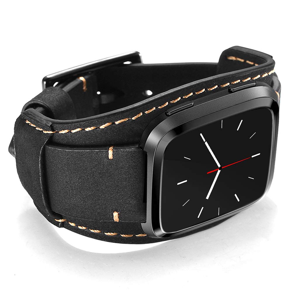CooBES Compatible with Fitbit Versa 2 Straps, Genuine Leather Cuff Bracelet Replacement Band with Stainless Steel Buckle Compatible Fitbit Versa/Versa 2/Versa Lite/Versa SE (Black)