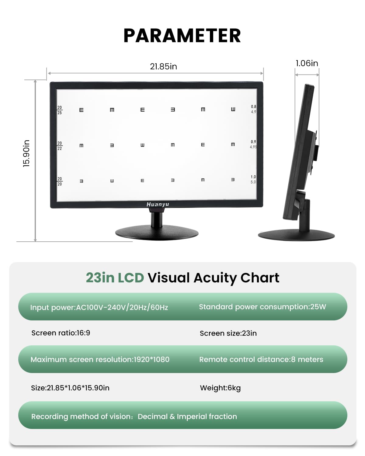 Huanyu Visual Acuity Chart Digital 23inch LCD Electronic Optical Eye Charts with 44+ Visual Targets and 5 Display Methods Optometry Tester Projector with Remote