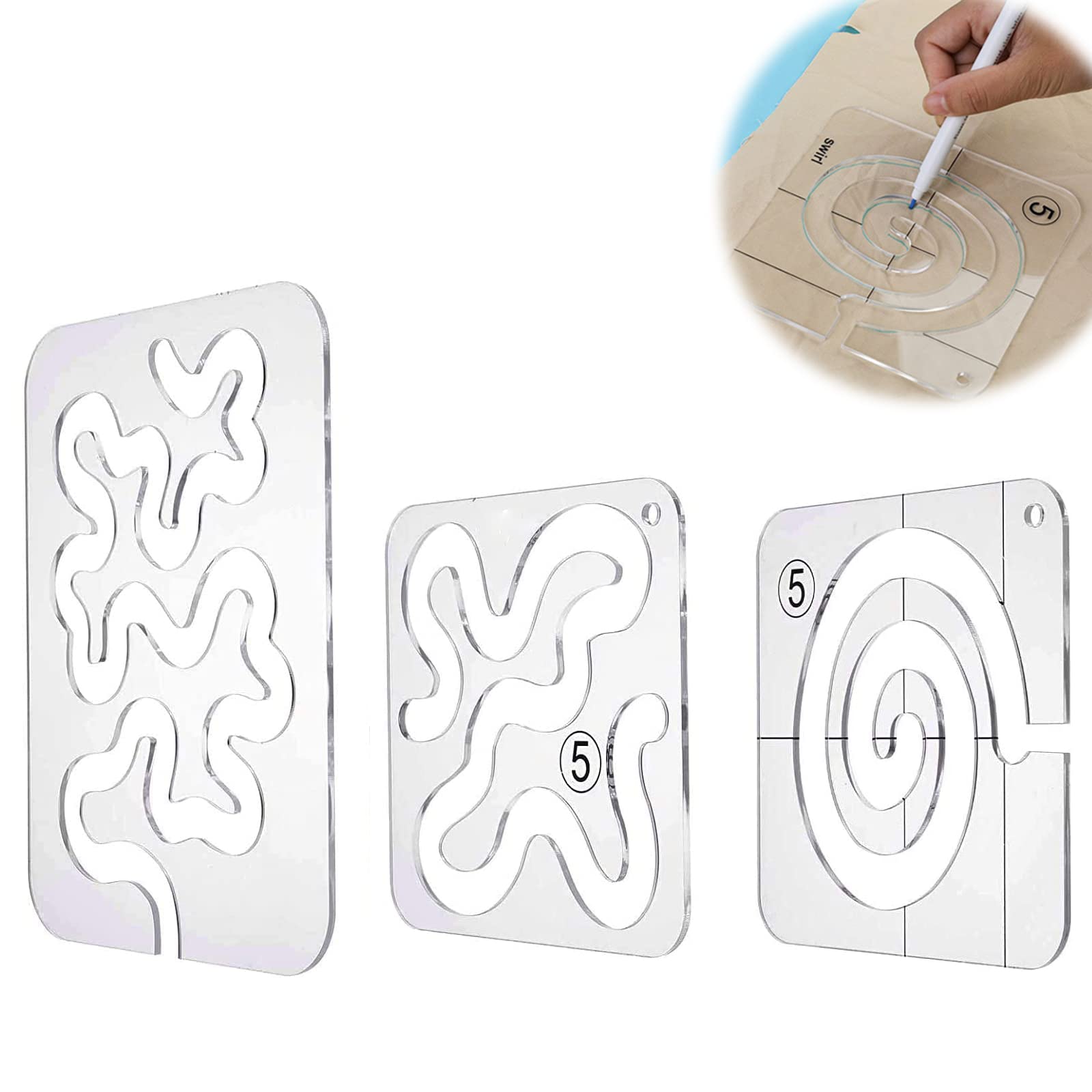 Vokowin 3pcs Quilting Template Acrylic Ruler Set - Free Motion Stencil, Transparent Sewing Ruler, DIY Tools Embossing Molds Kit for Simple Design (K219-3)