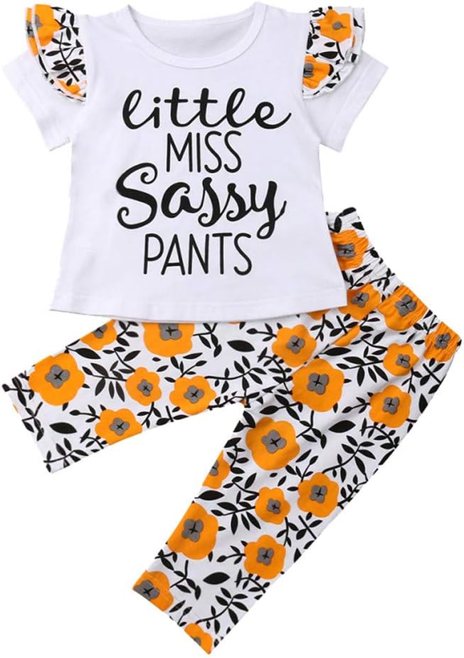 Carolui Infant Baby Girls Clothes Set Short Sleeve Letter Print Tops+Floral Pants Outfit