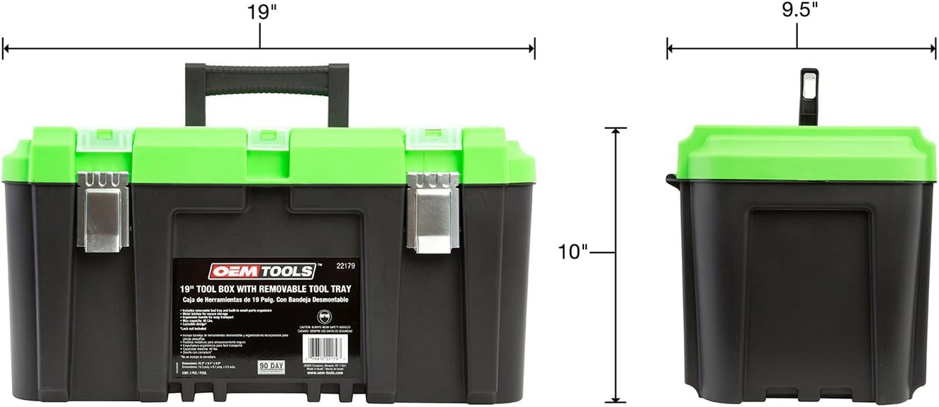 OEMTOOLS 22160 19 Inch Tool Box with Removable Tool Tray, Small Parts Organizer in Lid, Heavy Duty Tool Box with 2 Metal Latches, Rated up to 40 Lbs., Green - - 