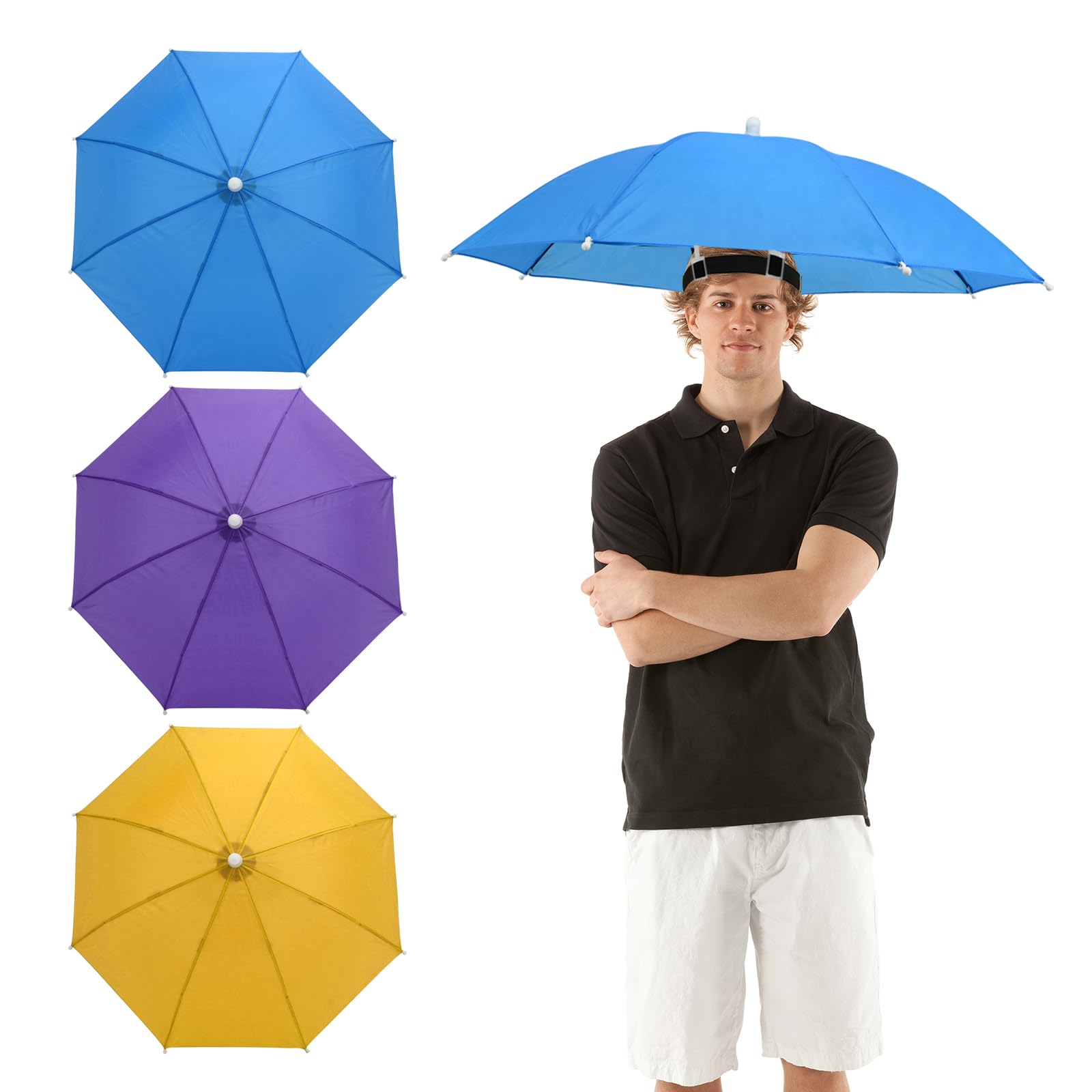 Bekecidi 3 PCS Umbrella Caps Head Umbrella Hats: Adjustable Rainbow Waterproof Fishing Cap with Elastic Bands Portable Mini Umbrellas Caps for Adults and Kids(B) 2