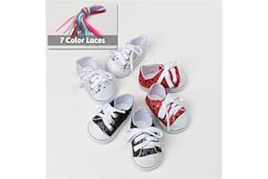 FUNDOLLS 18-Inch Doll Shoes - 3 Pairs Sequin-Doll-Sneakers Set for American Girl Dolls, Includes Silver Sequin-Sneakers, Black Sequin Sneakers, Red Sequin Sneakers and 7 Color Laces
