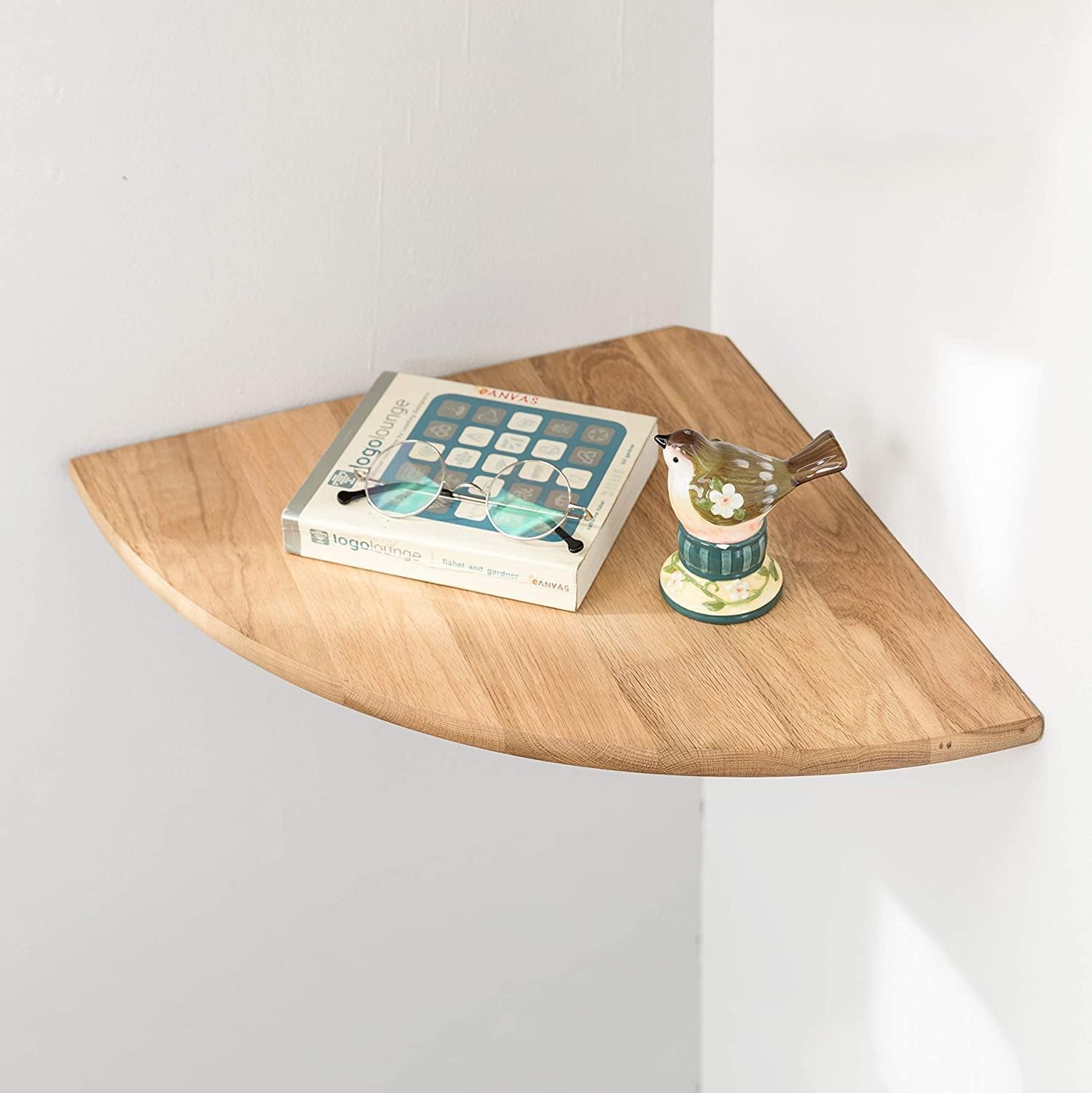 Gieanoo Corner Shelf, Solid Oak Wood Floating Corner Shelf Wall Mount Round End Floating Speaker Shelf With Wire Hole Shelves for Small Plant Photo Frame for Bedroom Kitchen, Living Room (Oak, 11.8")