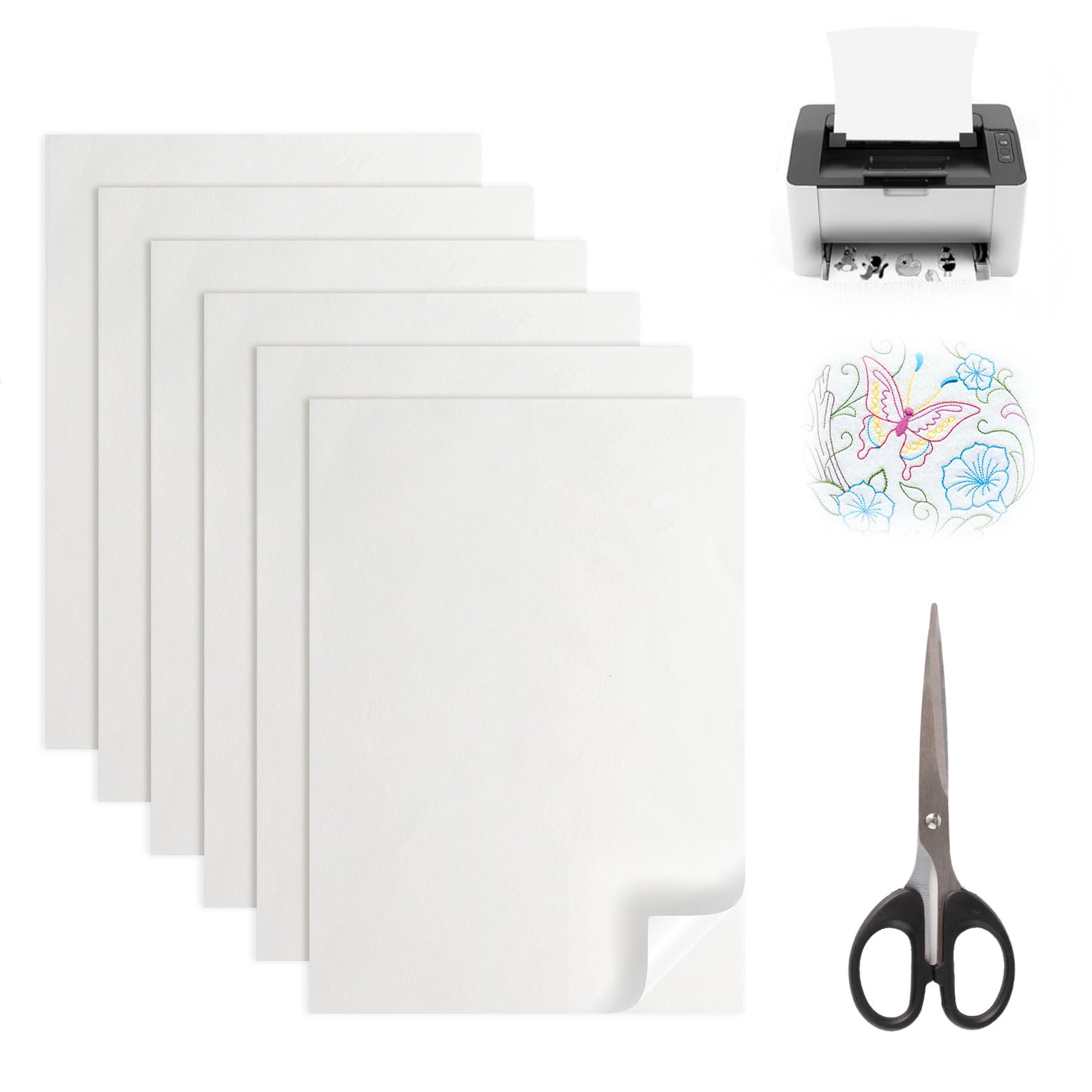 6 Sheets Water Soluble Embroidery Stabilizer, A4 Dissolvable Embroidery Paper 29.8 x 21cm, Print Stick Embroidery Paper with Scissors, Tear Away Machine Embroidery Stabilizer for Repairing Clothing
