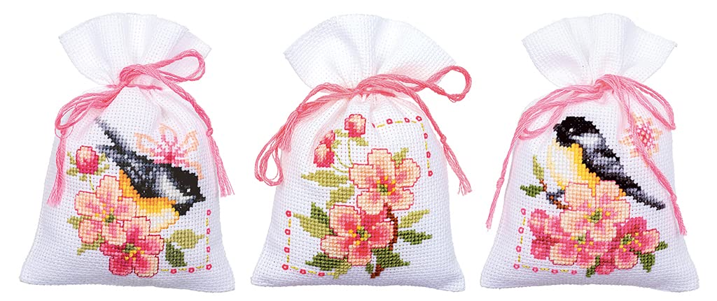 Vervaco Counted Pattern Pack Embroidery Set Bags 2 Great Tits in Flowers 3 DIY Counted Cross Stitch Embroidery Kits Crafts Adults Creative Set 8 x 12 cm Embroidery Set for Beginners Fabric Bag for — image 1