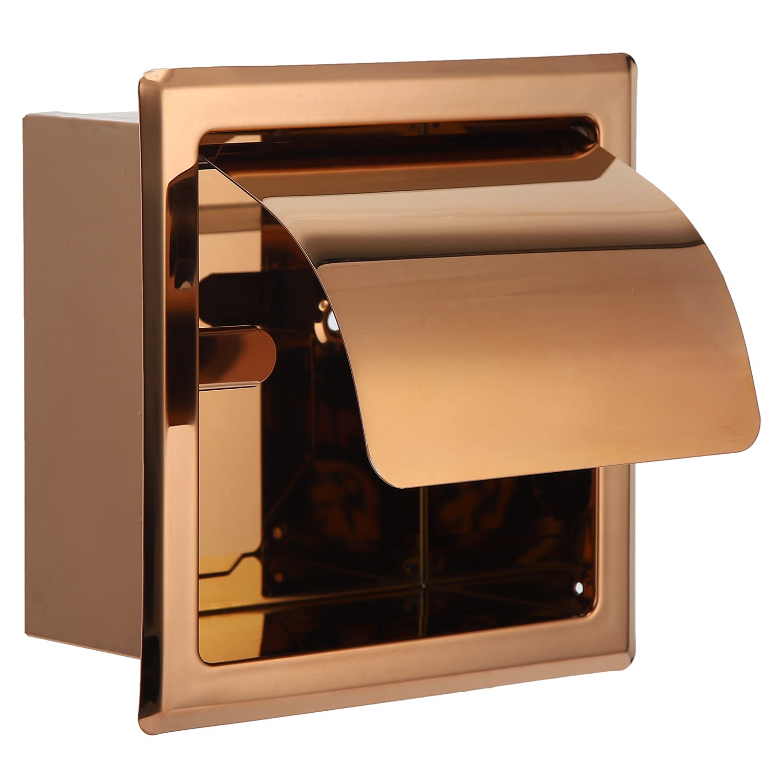 Recessed Toilet Paper Holder, Built-in Tissue Paper Rack, Wall Mounted Toilet Roll Holder with Cover for Bathroom, Hotel, Shopping Mall, Screw Mount, Rose Gold 16x16cm