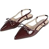 BEAUDRM Women's Slingback Flat Bow Leather Pointed Toe Low Heel Ballet Flats Sandals Dressy Party Work Shoes